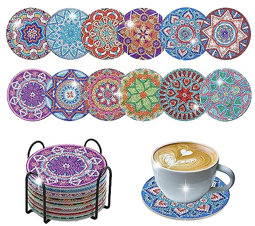 Diamant Peinture Dessous de Verre, 12 Pièces Mandala sous-Verres Art de Diamant avec Support, sous-Verres en Céramique, sous-Verres Ronds D'anime, pour Débutants Enfants et Adultes