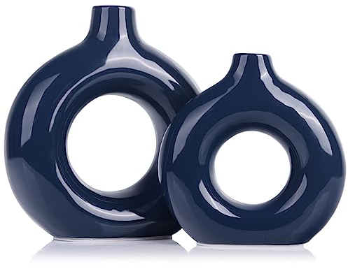 Hellblaue Keramikvase, 2er-Set, dekorative runde wasserdichte blaue Vasen für Tafelaufsätze, Bauernhaus und Heimdekoration – ideal für Wohnzimmer, Küche, Schlafzimmer, Esstisch und Bürodekoration