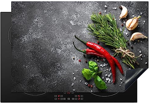 KitchenYeah© Herdabdeckplatte Einteilig Küche Ceranfeld Abdeckplatte Cerankochfeld Abdeckung Induktionskochfeld Schutzmatte Pfeffer - Kräuter - Gewürze - Beton - 76x51 cm