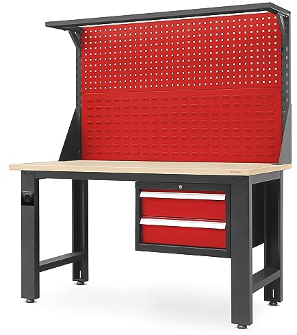 Jan Nowak Werkbank mit Werkzeuglochwand Werktisch mit 2 Schubladenc Steckdose Metall MDF Tischplatte Belastbar bis 600 kg Pulverbeschichtung 170 cm x 150 cm x 75 cm (Anthrazit-Rot)