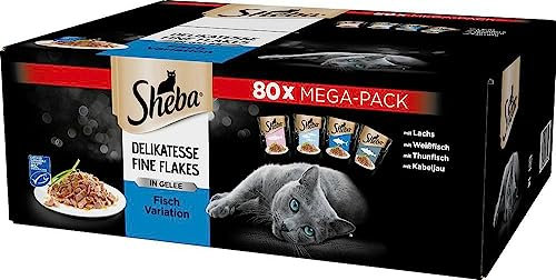 Sheba Katzennassfutter Delikatesse Fine Flakes, 80x85g Schalen, Mega Pack – Katzenfutter nass, Fischauswahl in Gelee mit Lachs, Weissfisch, Thunfisch und Kabeljau für ausgewachsene Katzen
