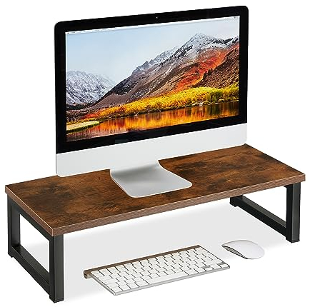 Relaxdays Supporto per Monitor, Alza Schermo PC per Scrivania, HxLxP: 15 x 55 x 23 cm, Design Industriale, Marrone Nero, Acciaio