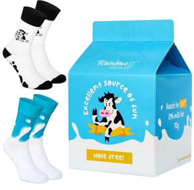 Rainbow Socks - Uomo Donna Colorati Latte Calzini - Calzini Divertenti con Motivo di Mucca e Latte - Milk Socks Box - 2 Paia - Taglia EU 41-46