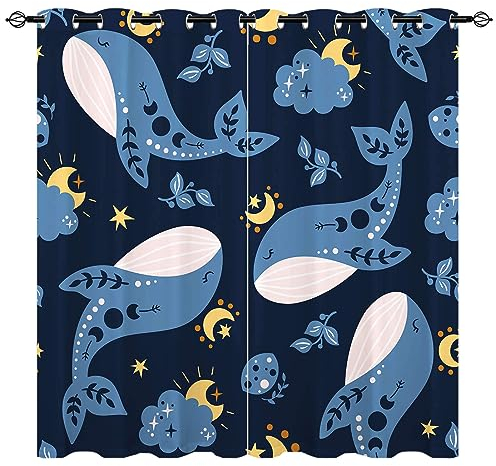YUANZU Wal Vorhänge Kinder Boho Blaue Wal Himmel Tier Mond Stern Ösen Gardinen mit Blickdichte Vorhang Blackout Curtain Kinderzimmer Schlafzimmer Verdunkelung Fenster, 2 Stück, H 229 x B 168 cm
