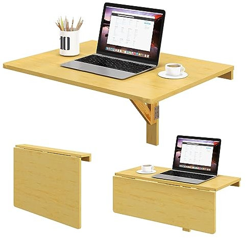 COSTWAY Mesa de Pared Plegable de 80 cm x 60 cm, Escritorio Flotante para Espacios Pequeños, Estación de Trabajo Plegable para Cocina, Dormitorio, Lavadero, Estudio (Natural)