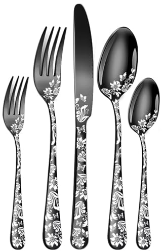 XIAOYU 5 Pieces Silverware Set, Black Flatware Set, Stainless Steel Mirror Polished Cutlery Set, Spoons Forks Knives Set with Unique Floral Laser, Black