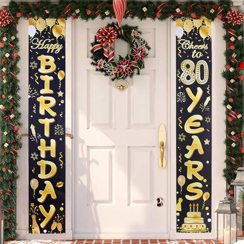 Door Banner Party Decorations,80th Happy Birthday Banner, Black Gold Happy Birthday Party for Boys Girls Women Men 80 Years Old Birthday Party Indoor Outdoor Decor Supplies