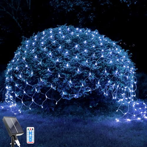 WoskjXas Lichternetz Solarleuchten Außen, 96 LEDs, 1,5 x 1,5 M Lichterkette Netz mit 8 Modi, Wasserdichte Baum Lichterkette, Design für Garten, Balkon, Zaun und Weihnachtsdeko (1.5M*1.5M, Blau)