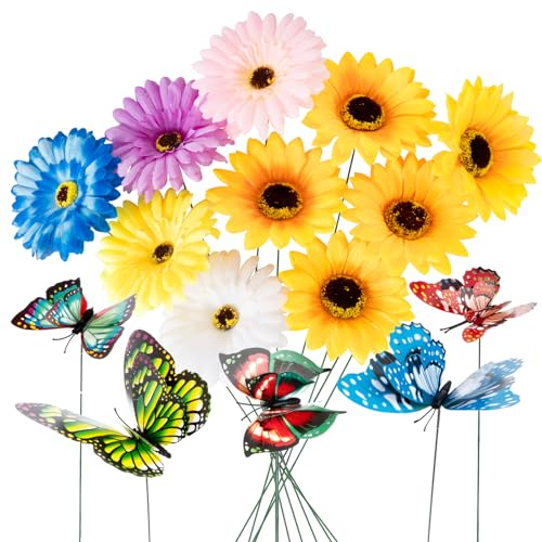 BETESSIN 15pcs Bunte Blumenstecker Gartendeko Schmetterling Deko Frühling Gartenstecker Bunte Blumen Pflanzen Schmetterlinge Outdoor Hof Balkon Dekoration