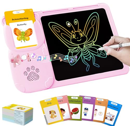 Sprechende Lernkarten Deutsch/Englisch mit 510 Wörtern, Montessori Kinder Lernspielzeug 1-6 Jahre, 255 interaktive Karten + Schreibtablett mit Stift, Geschenk für Mädchen/Jungen (Rosa)