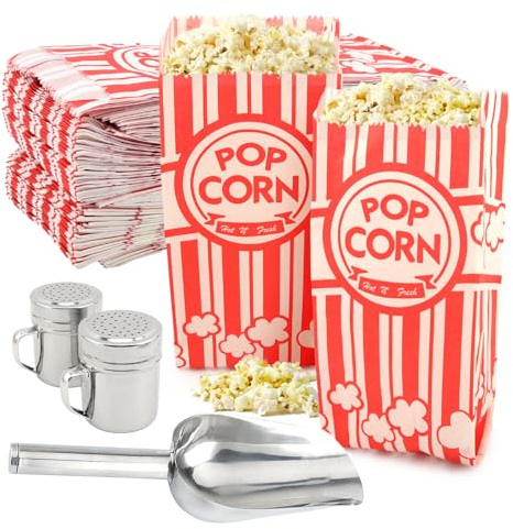 HKZTUY 203 PCS Popcorn Machine Supplies Set, 200 PCS Popcorn Paper Bags with Popcorn Scoop, 2PCS Season Salt Shaker, Popcorn Supplies for Popcorn Machine(Silver)