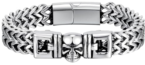 JewelryWe Totenkopf Armband Herren Königskette: Edelstahl Gotik Totenkopf Schädel Skull Zweischichtige Weizenkette Armband Schwere Armkette Armreif Kettenarmband mit Magnetverschluss Silber