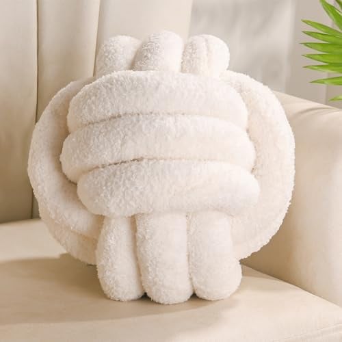 Yhoelata Knotenkissen, Dekokissen Beige Weiß, Zierkissen Aesthetic Sofakissen aus Teddysamt, Bett Deko Kissen Runden für Kind Schlafzimmer, Geschenk 22 cm