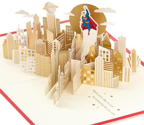 Hallmark DC Comics Superman, 3D & Pop-Up Any Occasion Card, Clark Kent, Birthday, Fathers Day, Son, Dad, Nephew, Superhero, Gold