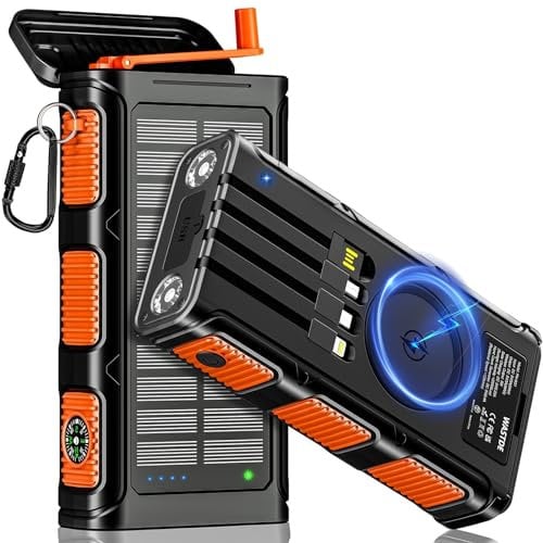 WASTDE Wireless Solar Powerbank 26800 mAh mit Handkurbel und 4 Kabeln, Solarladegerät Powerbank USB-C Schnellladung 7 Ausgänge 4 Eingänge für Handy, Outdoor Wasserdichter Externer Akku für Camping