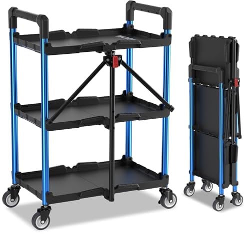WORKPRO Carro de Servicio, Carro Plegable de 3 Niveles, Carro de Taller con Ruedas Giratorias, Carro de Herramientas, Carga Total de 95 KG, para Taller, Oficina, Cocina, Almacén y Galería