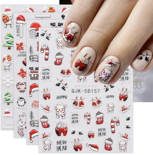 JMEOWIO 3D Embossed Christmas Nail Art Stickers Decals Self-Adhesive 5D Snowflake Xmas Winter Holiday Cute Nail Supplies Nail Art Design Decoration Accessories 4 Sheets