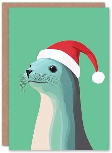 Wee Blue Coo Greeting Card Cute Seal In Santa Hat Red Green Festive Animal Blank For Him Or Her Art Xmas Christmas Card