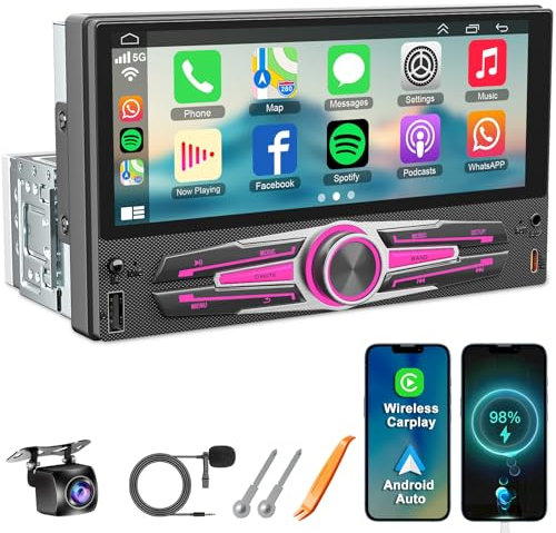 [Upgrade] Single-Din-Autoradio mit CarPlay & Android Auto, 6,8-Zoll-HD-IPS-Touchscreen, Auto-Audio-Receiver-Headunit unterstützt Bluetooth 5.2, FM/AM, SWC, Mirrorlink, USB Type-C-Laden + Rückfahrkamer
