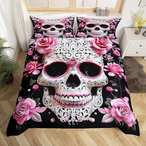 Manfei Sugar Skull Duvet Cover Set Double Size, Pink Rose Flower Bedding Set 3pcs, Floral Skull Gothic Comforter Cover, Kids Boys Room Decor, Soft Polyester Quilt Cover, 2 Pillowcases, No Comforter
