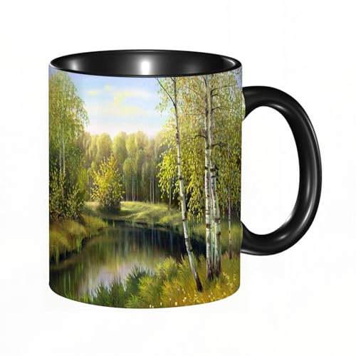HRRASFAZF Ceramic Coffee/Tea Mug, 11 oz Funny Mugs,Forest, Birch Forest in Autumn leafless Branches Calm River Oil Painting, Green a,Gifts for Mothers Day,Birthdays,Christmas,Valentines,Anniversaries