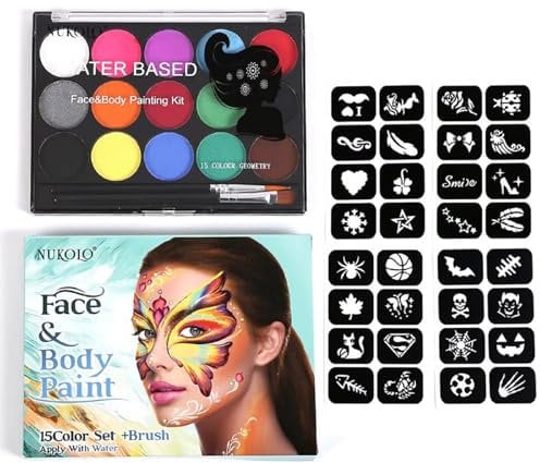 JDXun Kinderschminke Set, 15 Farben Schminkpalette(2 Pinsel und 32 Gesichtsbemalungsvorlagen), Waschbar Gesichtsfarbe Bodypainting Körperfarbe Kinder für Halloween Weihnachten Schminke Fasching