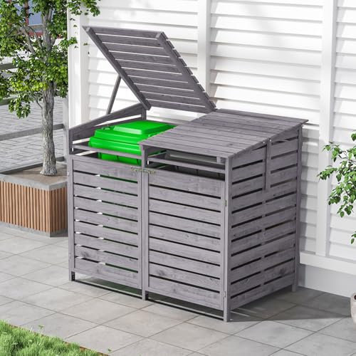 Warmiehomy 2 Wheelie Bin Storage 2 x 240L Wooden Bin Storage for Wheelie Bins, Wooden Recycling Bins Store Outdoor, 1 CM Thick Wood Board, 149 x 86 x 122.5 CM, Grey