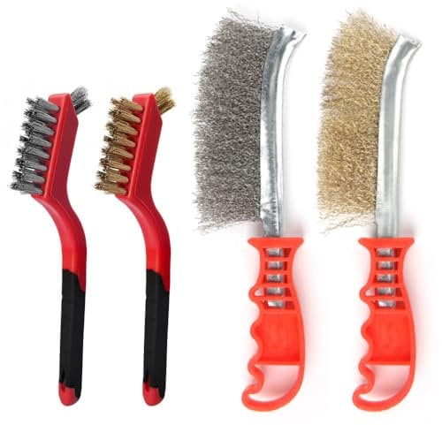 Hand Wire Brush Set 4 Pcs with Stainless Steel Brush and Brass Brush,Wire Brush for Wood, Drill, Cleaning Welding Slag, Rust Removal, Angle Grinder, Bricks Wire Brushes(2 Big&2 Small)