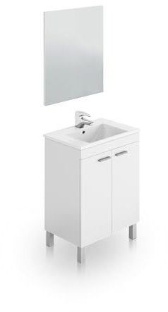 duehome | Mueble de Baño con 2 Puertas y Espejo, Modulo Baño, Modelo Liz, Acabado en Blanco Brillo, Medidas: 60 cm (Ancho) x 80 cm (Alto) x 45 cm (Fondo)