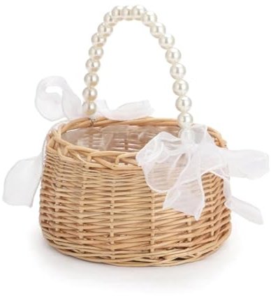 Eieenotee Pastoral Style Wicker Flower Basket with Pearl Handle,Elegant Wedding and Home Decoration Accessories,Flower Girl Basket