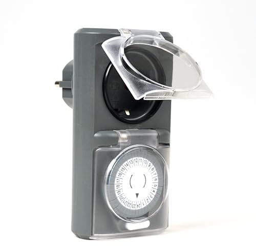 Menz Zeitschaltuhr Aussenbereich, 1 Stück, Grau | Mechanische Zeitschalter Steckdose außen, IP44 Zeitschalter analog außen, ca. 3,7 kW Outdoor Timer für Steckdose außen