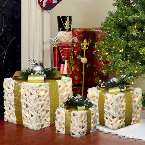 Hometopia 3er-Set LED Geschenkboxen Weihnachten – Weihnachtsdeko mit goldenen Schleifen, Zweigen & silbernen Beeren Weihnachtsbeleuchtung