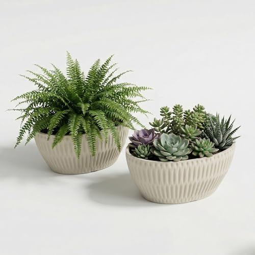 Perimvo Blumentopf Oval 2er Set – nur 10 cm tief, Hellgrau-Weiß
