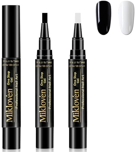 2 Pack Black White Nail Polish Pen Set - UV Lamp Required, Quick Dry One Step Nail Art Pens, 3 in 1 Design, Soak Off Nail Varnish Pen, Precise Brush, Smooth Application, DIY Manicure Home Salon Use