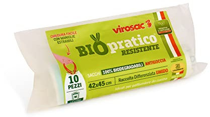 Virosac - Sacchetti biodegradabili 42x45, Con Maniglie Estraibili, 10 Pezzi Per Rotolo