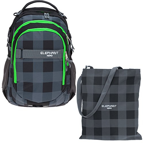 2 Teile Set ELEPHANT Schulrucksack Hero Signature Rucksack 12609 + Turnbeutel Attach Bag (Karo Plaid Green)