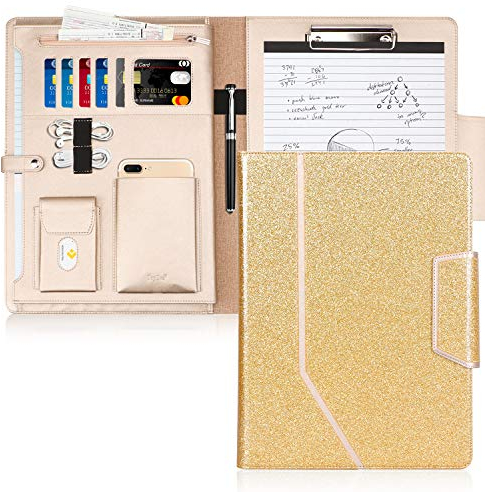 Toplive Porte Document Portfolio A4 en cuir PU avec poche pour document, agenda d'affaires en cuir pour réunion/bureau/carte de visite professionnel/dossier de conférence,Or Bling