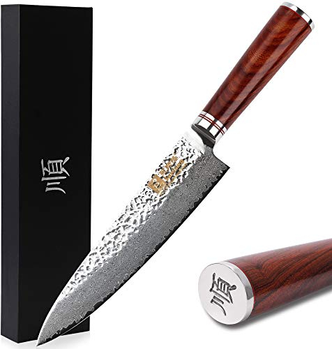 Sunlong Coltelli da Chef 20,3cm Coltelli da cuoco - giapponese martellato damasco acciaio - naturale rosa manico in legno