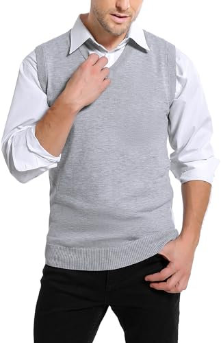 Sykooria Pullunder Herren V-Ausschnitt Strickweste Ärmellose Winter Strick Pullover Einfarbig Pulli West Sweater für Männer Business, Grau XXL