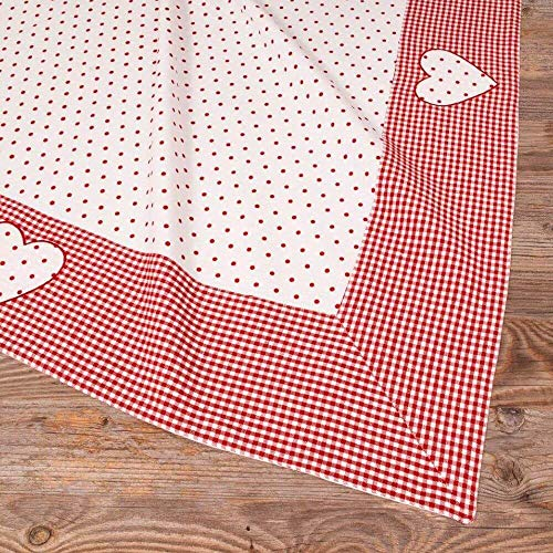 Tischdecke LISE rot kariert, Punkte & Herz - Großes Tischtuch Landhausstil 100 x 100 cm Tischdeko quadratisch - Waschbare Mitteldecke aus 100 % Baumwolle, als moderne Esstischdeko, Hochzeitsdeko