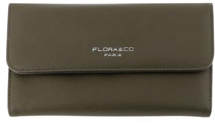 flora & co - Portefeuille Femme Rabat Tout-en-Un - Porte-chéquier avec Porte-Cartes et Monnaie 3 en 1 - Compagnon Zippé 3 Volets Grande Capacité Fourre-Tout - Original Mode Tendance - Kaki