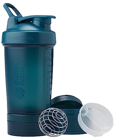 BlenderBottle ProStak PRO - Full Color , Shaker-Flasche mit Tablettenorganizer und Aufbewahrung für Proteinpulver, ProStak System, 650 ml, Ozean Blau
