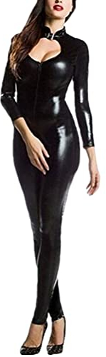 ORANDESIGNE Damen Wetlook Body Ouvert Hose Frauen Latex Catsuit Lack Leder Overall Jumpsuit Lange Ärmel Hot Pants Sexy Dessous Clubwear, Schwarz M