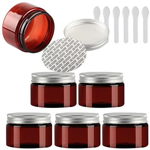 TIANZD 6 Pieces Empty 150ml Brown Plastic Cosmetic Jars with Silver Screw Lid 150g Small Pot for Cosmetic Travel Homemade Cream Gel Lip Balm Salve Storage Containers+ 6X Spatula