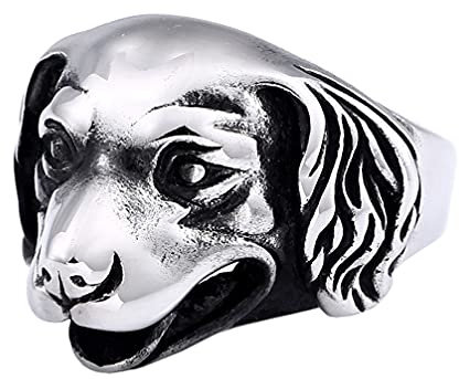 OAKKY Herren Retro Gothic Niedlich Howl Pitbull Bulldogge Pug Hund Kopf Biker Ring Edelstahl Groß Ohr Punk Hip Hop Style Silber Größe 60 (19.1)