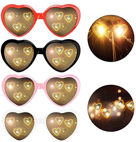 WOKICOR Heart Effect Glasses Spezialeffektbrillen, 4pcs 3D Brille Beugungsbrille mit Herz-Effekt, Rave Brille, 3D Brille Beugungsbrille für Musik im Freien Party/Bar/Nachtclub(Rot/Schwarz/Rosa/Weiß)