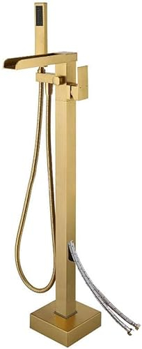 YRUIIA Wasserhahn Badewanne Freistehende Badewannen Amaturen Wasserfall Auslauf Messing Wannenbatterie mit Handbrause Wannenarmatur Wasserfall Badewannenarmatur-Golden-B
