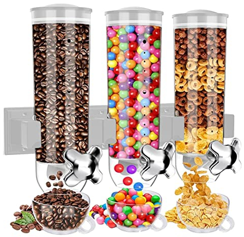 HINAA Cereal Dispenser Cereal Storage Containers, Triple Sweet Dispenser Candy Dispenser Machine, Canister Dry Food Dispenser Convenient Storage For Grains Coffee Beans Nuts, White