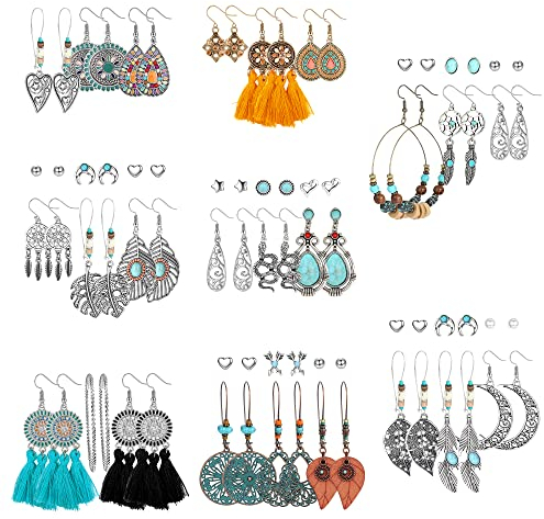 ADRAMATA 39 Paar Boho Ohrringe für Damen Frauen Böhmische Ohrringe Hängend Gross Vintage Anhänger Modische Hakenohrringe Quaste Baumelnde Ohrringe Statement Tropfenohrringe Schmuck Boho Ohrringe Set