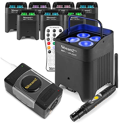 beamz BBP54 Wireless Uplighters Kit - 8x Weatherproof Battery-Powered RGBAW-UV LED Lights with Wireless DMX & Light Rider Control for Weddings, Marquees, Outdoor Events